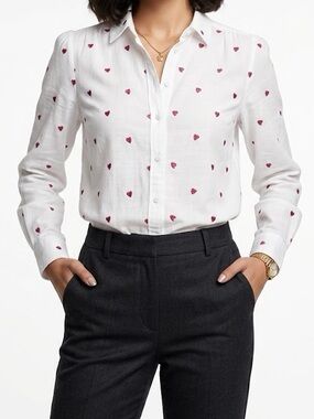 LC Lauren Conrad White Button-Up Blouse with Red Heart Embroidery Size S